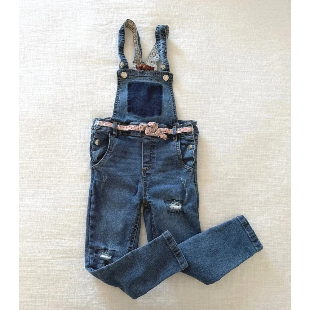 7 For All‎ Mankind Girls Denim Overalls Medium Wash Floral Trim Distressed 4T